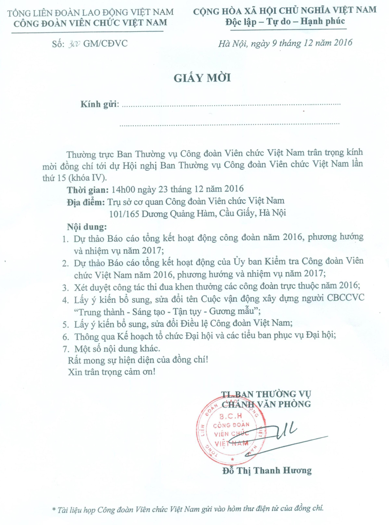 Giấy Mời Họp Ban Thường Vụ Công Đoàn Viên Chức Việt Nam
