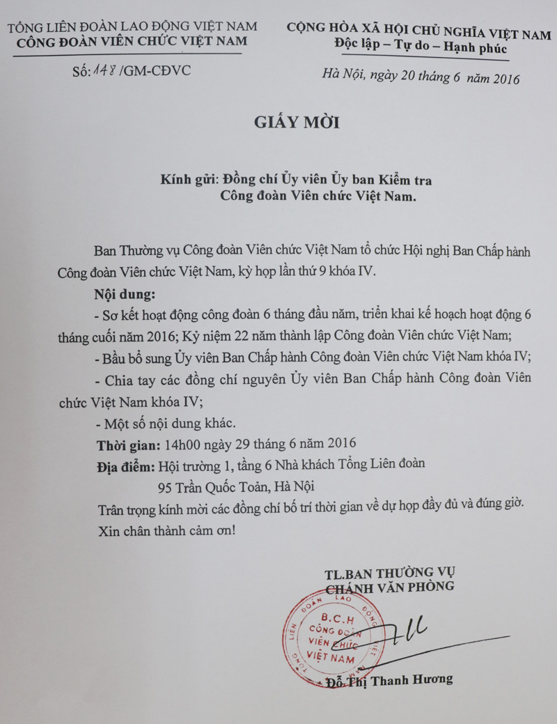 Giấy Mời Hn Ban Chấp Hành Công Đoàn Viên Chức Việt Nam Kỳ Họp Thứ 9 Khóa Iv  Ngày 29/6/2016
